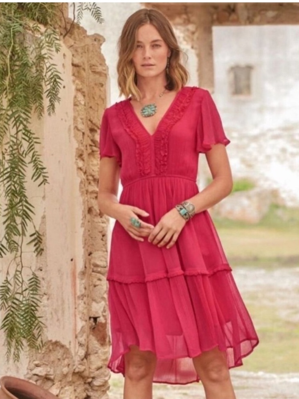 SUNDANCE Monaco Meet Up Dress Boho Tiered Flutter Sleeve Size Small - Picture 8 of 8